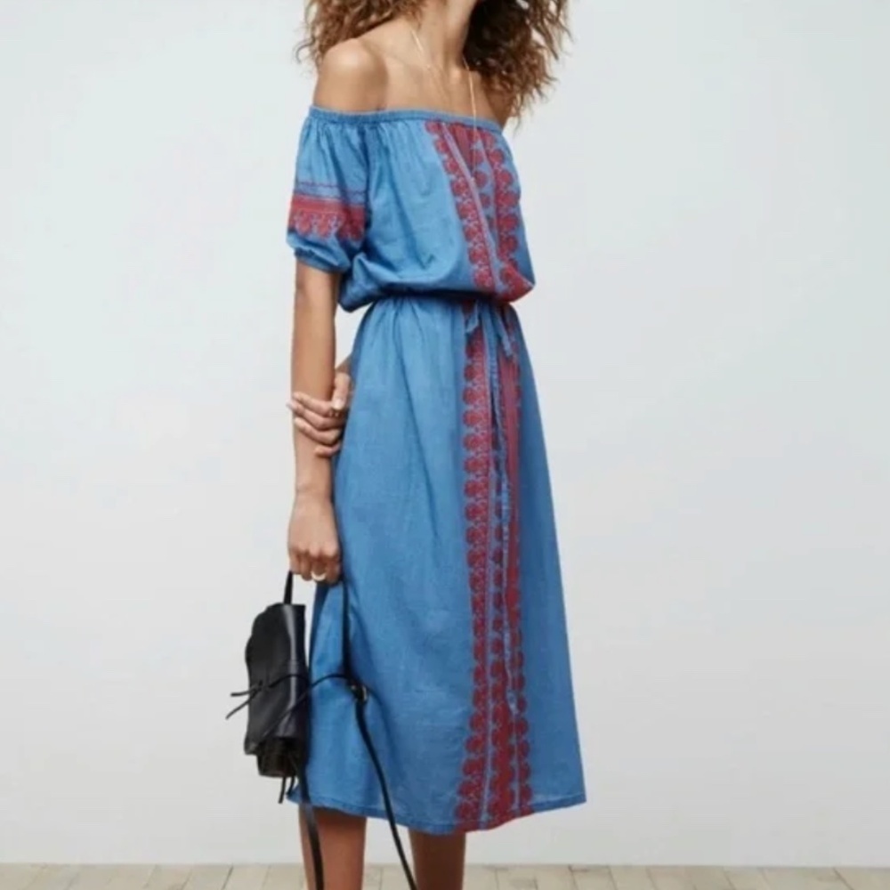 Madewell Blue Off-Shoulder Midi Dress with Red Embroidered Detail